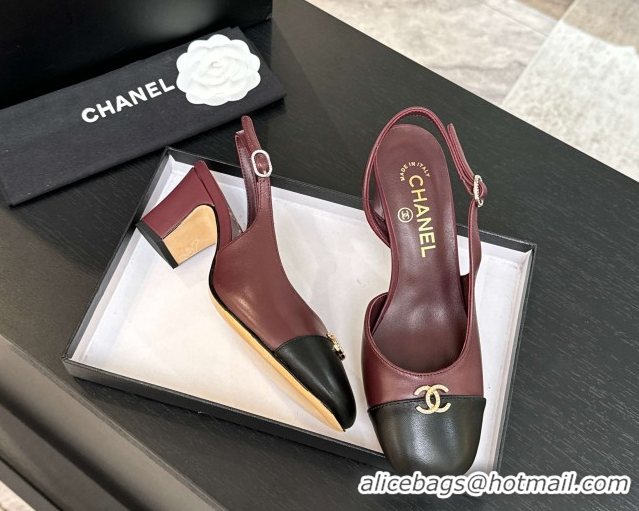 Stylish Chanel Lambskin and Calfskin Leather Slingback Pumps 6.5cm with Strass CC Burgundy CH110301