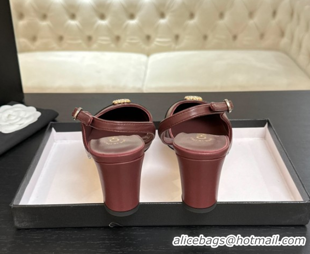 Stylish Chanel Lambskin and Calfskin Leather Slingback Pumps 6.5cm with Strass CC Burgundy CH110301