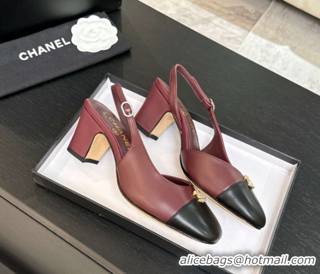 Stylish Chanel Lambskin and Calfskin Leather Slingback Pumps 6.5cm with Strass CC Burgundy CH110301