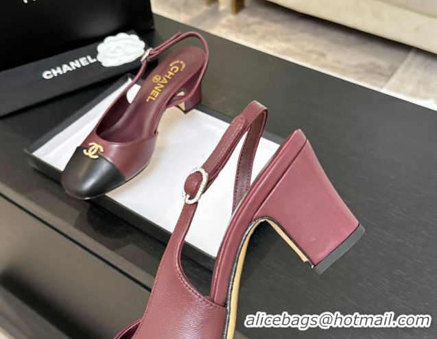 Stylish Chanel Lambskin and Calfskin Leather Slingback Pumps 6.5cm with Strass CC Burgundy CH110301