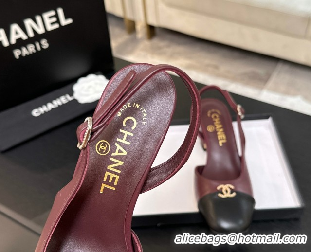 Stylish Chanel Lambskin and Calfskin Leather Slingback Pumps 6.5cm with Strass CC Burgundy CH110301