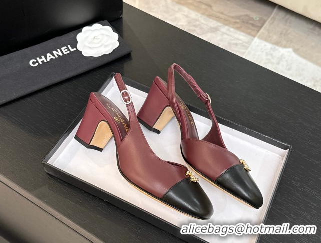 Stylish Chanel Lambskin and Calfskin Leather Slingback Pumps 6.5cm with Strass CC Burgundy CH110301