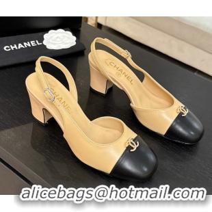 Classic Hot Chanel Lambskin and Calfskin Leather Slingback Pumps 6.5cm with Strass CC Beige 2025 CH110301