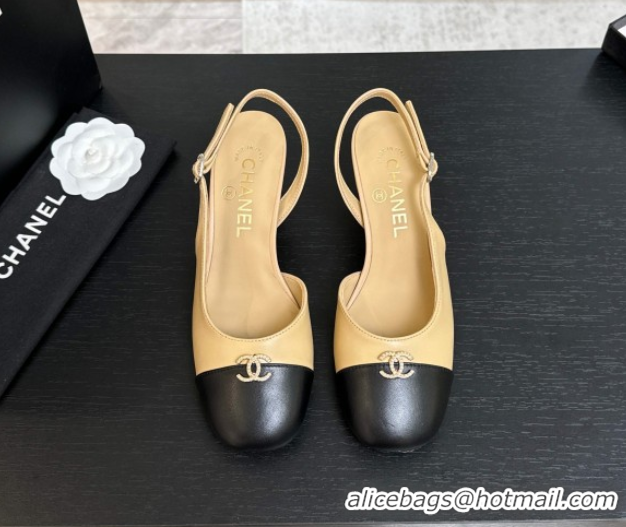 Classic Hot Chanel Lambskin and Calfskin Leather Slingback Pumps 6.5cm with Strass CC Beige 2025 CH110301
