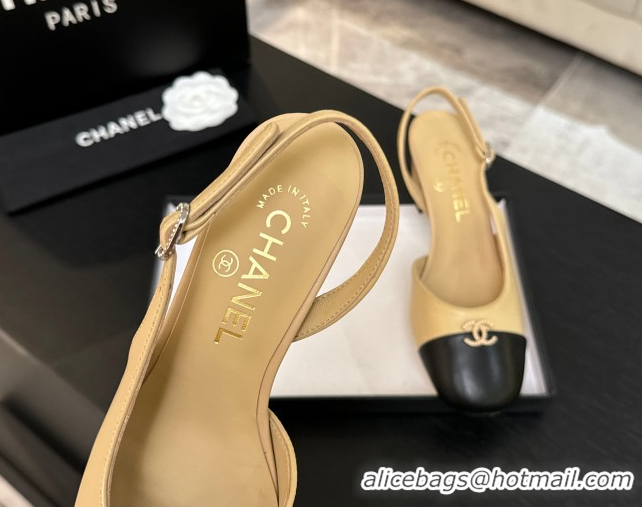 Classic Hot Chanel Lambskin and Calfskin Leather Slingback Pumps 6.5cm with Strass CC Beige 2025 CH110301