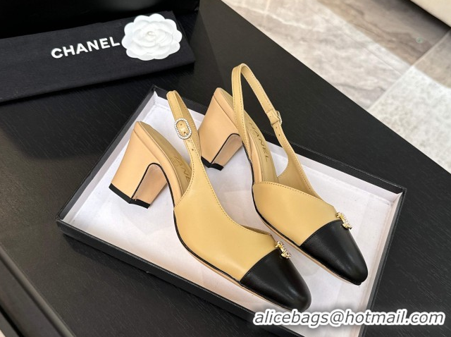 Classic Hot Chanel Lambskin and Calfskin Leather Slingback Pumps 6.5cm with Strass CC Beige 2025 CH110301