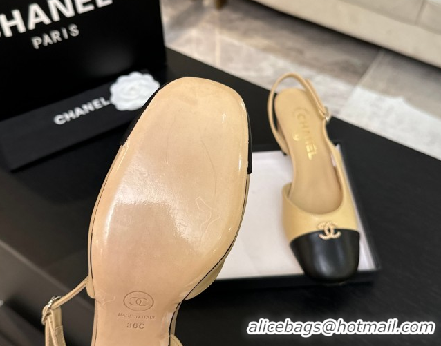 Classic Hot Chanel Lambskin and Calfskin Leather Slingback Pumps 6.5cm with Strass CC Beige 2025 CH110301