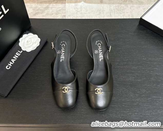 Shop Cheap Chanel Lambskin and Calfskin Leather Slingback Pumps 6.5cm with Strass CC Black 2025 CH110301