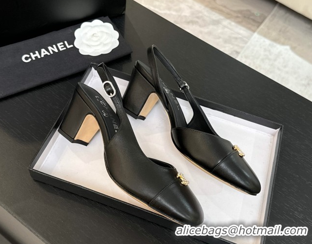 Shop Cheap Chanel Lambskin and Calfskin Leather Slingback Pumps 6.5cm with Strass CC Black 2025 CH110301