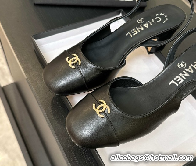 Shop Cheap Chanel Lambskin and Calfskin Leather Slingback Pumps 6.5cm with Strass CC Black 2025 CH110301