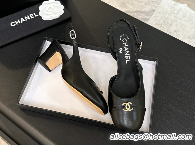 Shop Cheap Chanel Lambskin and Calfskin Leather Slingback Pumps 6.5cm with Strass CC Black 2025 CH110301