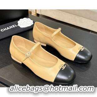Top Grade Chanel Lambskin and Calfskin Leather Mary Janes Ballets Flat with Strass CC Beige 2025 CH110301
