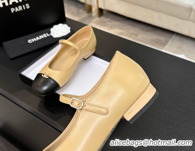 Top Grade Chanel Lambskin and Calfskin Leather Mary Janes Ballets Flat with Strass CC Beige 2025 CH110301