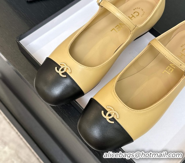 Top Grade Chanel Lambskin and Calfskin Leather Mary Janes Ballets Flat with Strass CC Beige 2025 CH110301