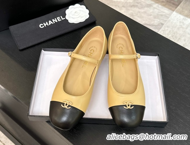 Top Grade Chanel Lambskin and Calfskin Leather Mary Janes Ballets Flat with Strass CC Beige 2025 CH110301