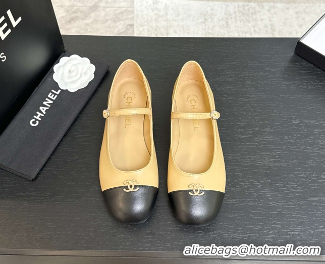 Top Grade Chanel Lambskin and Calfskin Leather Mary Janes Ballets Flat with Strass CC Beige 2025 CH110301