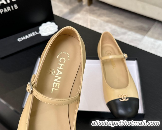 Top Grade Chanel Lambskin and Calfskin Leather Mary Janes Ballets Flat with Strass CC Beige 2025 CH110301