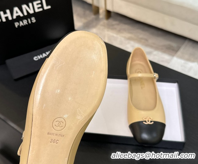 Top Grade Chanel Lambskin and Calfskin Leather Mary Janes Ballets Flat with Strass CC Beige 2025 CH110301
