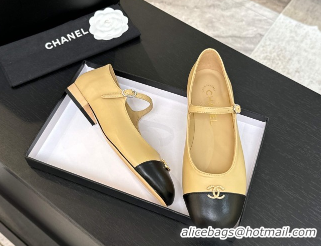 Top Grade Chanel Lambskin and Calfskin Leather Mary Janes Ballets Flat with Strass CC Beige 2025 CH110301