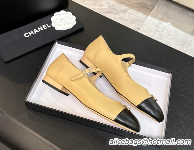 Top Grade Chanel Lambskin and Calfskin Leather Mary Janes Ballets Flat with Strass CC Beige 2025 CH110301