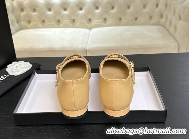 Top Grade Chanel Lambskin and Calfskin Leather Mary Janes Ballets Flat with Strass CC Beige 2025 CH110301