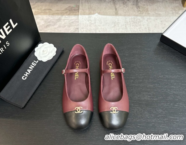 Good Quality Chanel Lambskin and Calfskin Leather Mary Janes Ballets Flat with Strass CC Burgundy 2025 CH110301