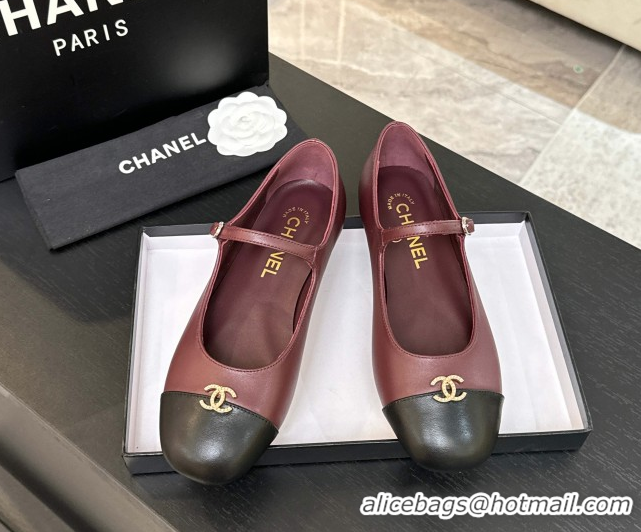 Good Quality Chanel Lambskin and Calfskin Leather Mary Janes Ballets Flat with Strass CC Burgundy 2025 CH110301