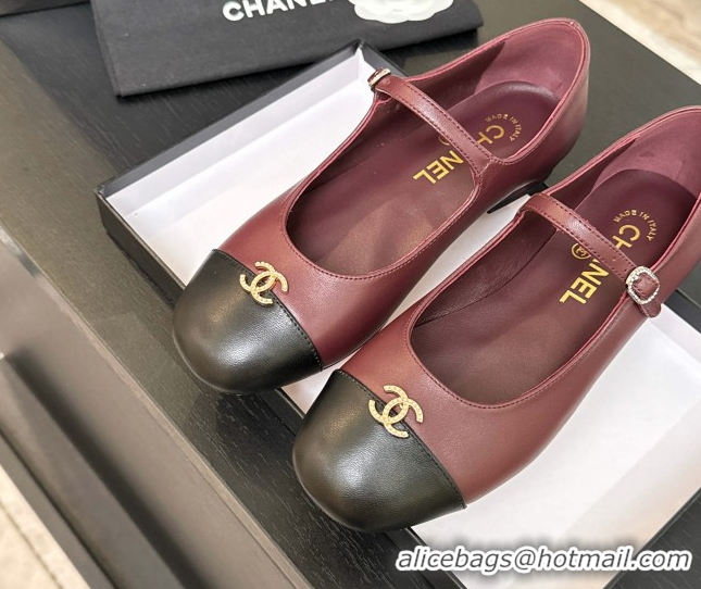 Good Quality Chanel Lambskin and Calfskin Leather Mary Janes Ballets Flat with Strass CC Burgundy 2025 CH110301