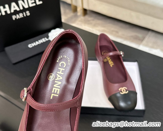 Good Quality Chanel Lambskin and Calfskin Leather Mary Janes Ballets Flat with Strass CC Burgundy 2025 CH110301
