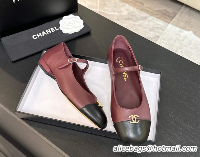 Good Quality Chanel Lambskin and Calfskin Leather Mary Janes Ballets Flat with Strass CC Burgundy 2025 CH110301