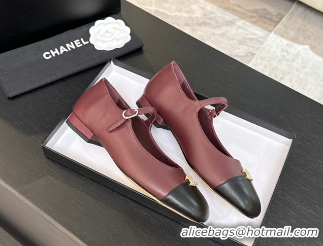 Good Quality Chanel Lambskin and Calfskin Leather Mary Janes Ballets Flat with Strass CC Burgundy 2025 CH110301