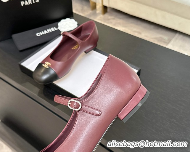 Good Quality Chanel Lambskin and Calfskin Leather Mary Janes Ballets Flat with Strass CC Burgundy 2025 CH110301