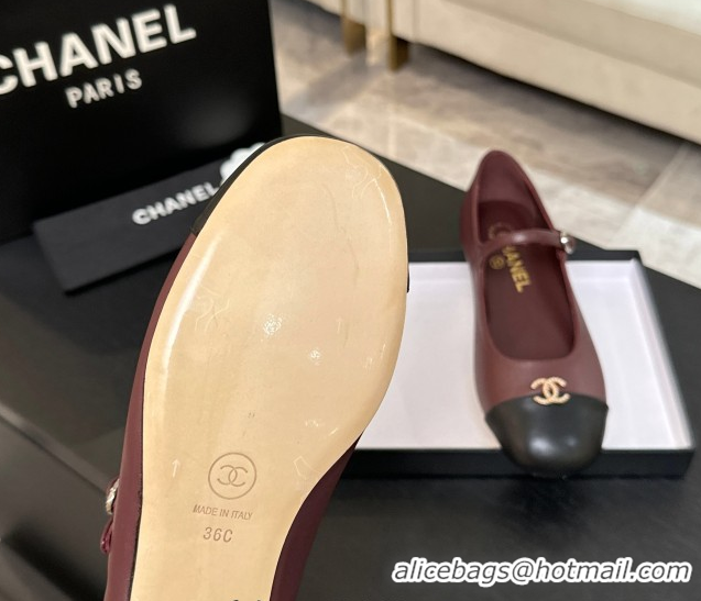 Good Quality Chanel Lambskin and Calfskin Leather Mary Janes Ballets Flat with Strass CC Burgundy 2025 CH110301