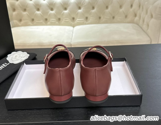 Good Quality Chanel Lambskin and Calfskin Leather Mary Janes Ballets Flat with Strass CC Burgundy 2025 CH110301