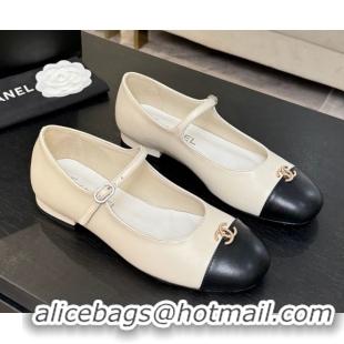 1:1 aaaaa Chanel Lambskin and Calfskin Leather Mary Janes Ballets Flat with Strass CC White 2025 CH110301