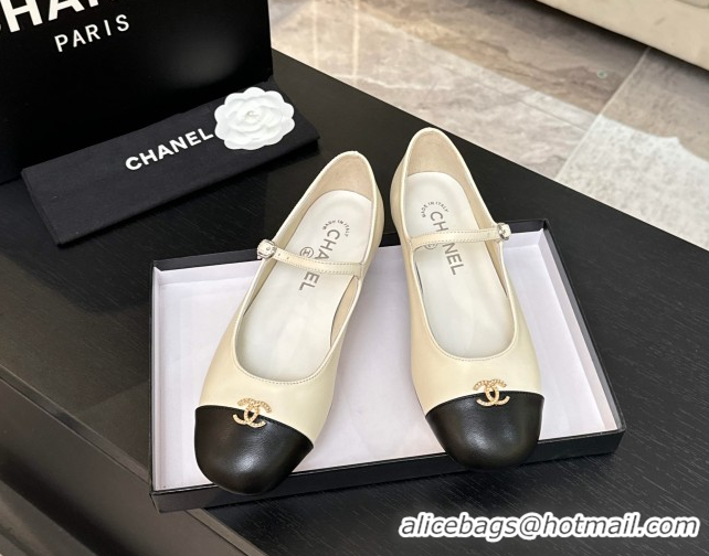 1:1 aaaaa Chanel Lambskin and Calfskin Leather Mary Janes Ballets Flat with Strass CC White 2025 CH110301