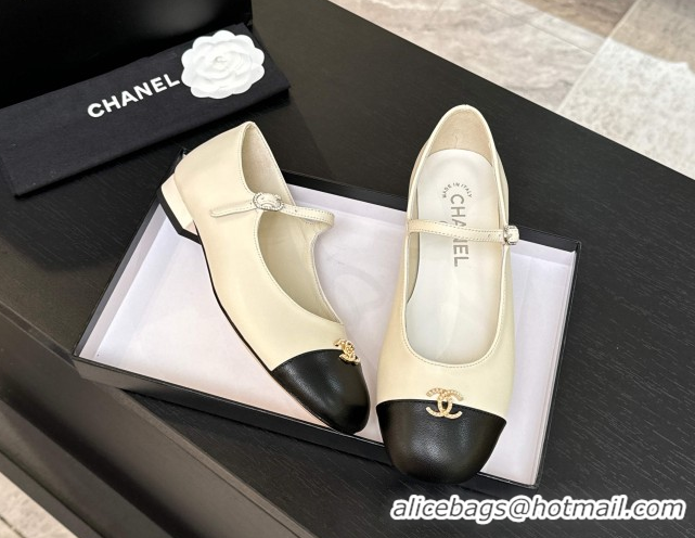 1:1 aaaaa Chanel Lambskin and Calfskin Leather Mary Janes Ballets Flat with Strass CC White 2025 CH110301