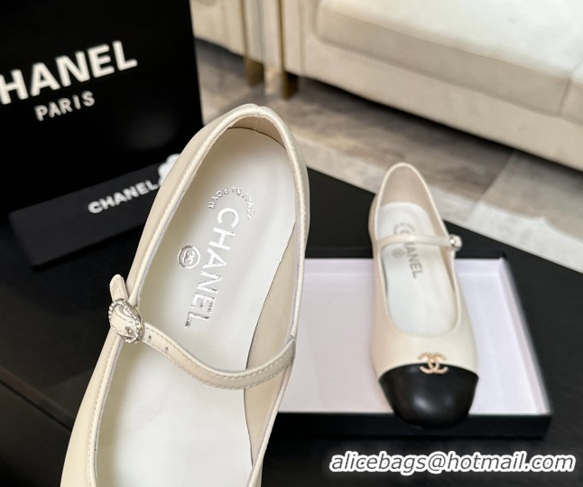 1:1 aaaaa Chanel Lambskin and Calfskin Leather Mary Janes Ballets Flat with Strass CC White 2025 CH110301