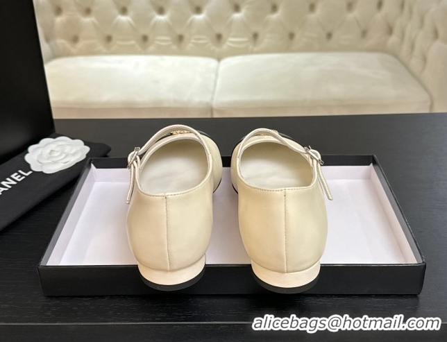 1:1 aaaaa Chanel Lambskin and Calfskin Leather Mary Janes Ballets Flat with Strass CC White 2025 CH110301