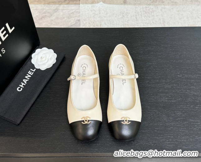 1:1 aaaaa Chanel Lambskin and Calfskin Leather Mary Janes Ballets Flat with Strass CC White 2025 CH110301