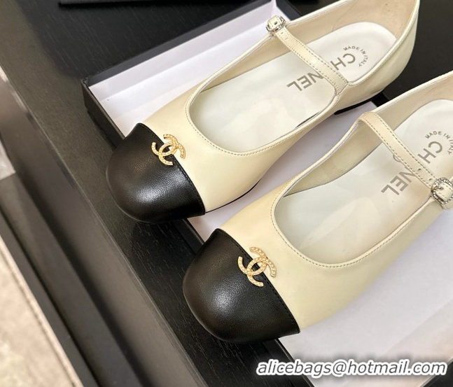 1:1 aaaaa Chanel Lambskin and Calfskin Leather Mary Janes Ballets Flat with Strass CC White 2025 CH110301