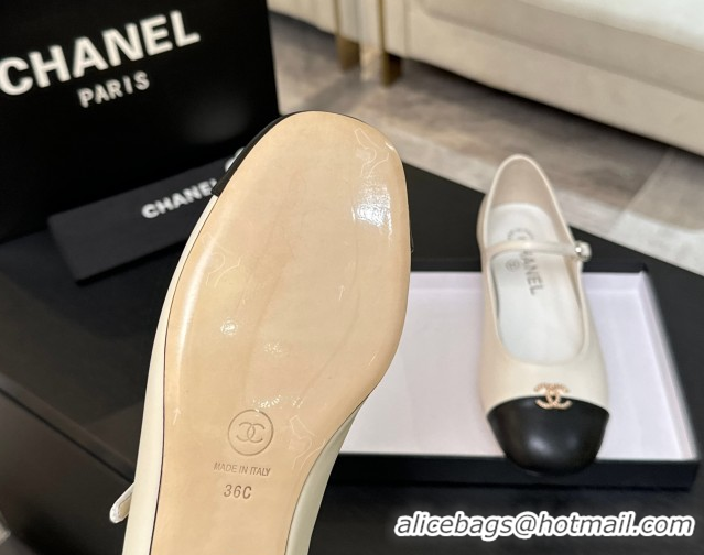 1:1 aaaaa Chanel Lambskin and Calfskin Leather Mary Janes Ballets Flat with Strass CC White 2025 CH110301