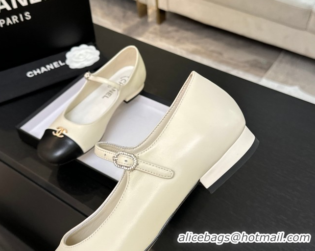1:1 aaaaa Chanel Lambskin and Calfskin Leather Mary Janes Ballets Flat with Strass CC White 2025 CH110301