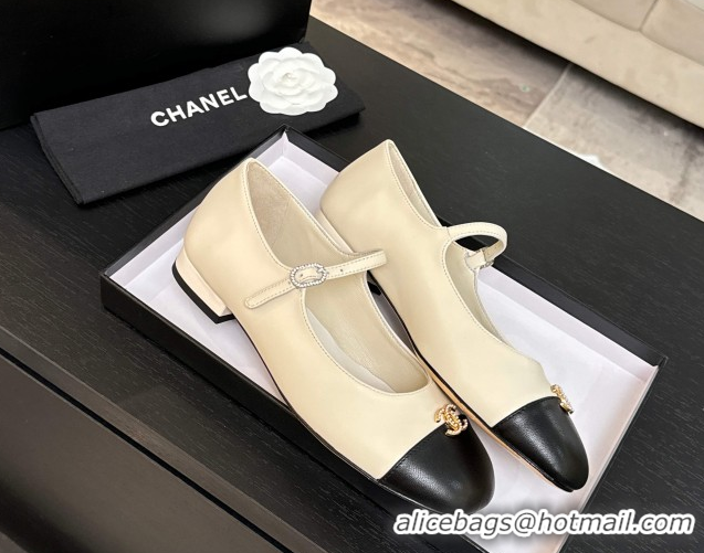 1:1 aaaaa Chanel Lambskin and Calfskin Leather Mary Janes Ballets Flat with Strass CC White 2025 CH110301