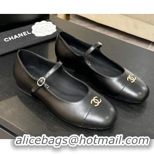 Grade Quality Chanel Lambskin and Calfskin Leather Mary Janes Ballets Flat with Strass CC Black 2025 CH110301