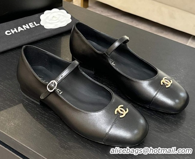 Grade Quality Chanel Lambskin and Calfskin Leather Mary Janes Ballets Flat with Strass CC Black 2025 CH110301