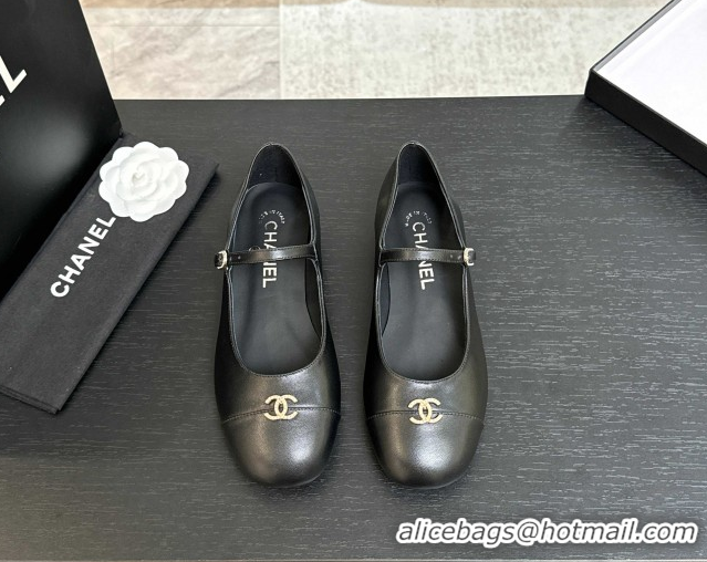 Grade Quality Chanel Lambskin and Calfskin Leather Mary Janes Ballets Flat with Strass CC Black 2025 CH110301
