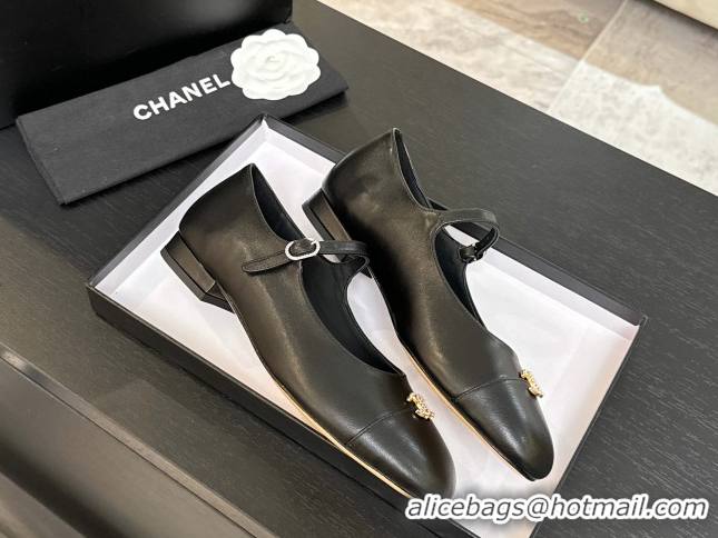Grade Quality Chanel Lambskin and Calfskin Leather Mary Janes Ballets Flat with Strass CC Black 2025 CH110301