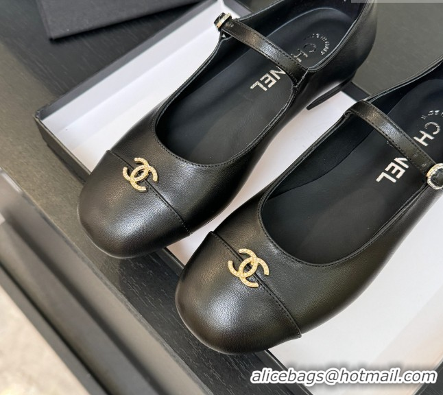 Grade Quality Chanel Lambskin and Calfskin Leather Mary Janes Ballets Flat with Strass CC Black 2025 CH110301