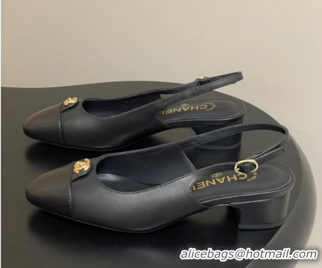 Stylish Chanel Lambskin Leather Slingbacks Pumps 3.5cm with CC Tag Black 2025 G46441